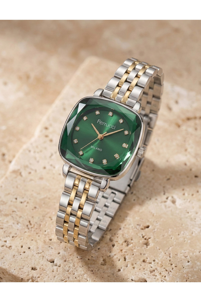 Kadın Kol Saati Çift Renk Çelik Kordon Yeşil Kadran Quartz Mineral Cam 3 ATM 28 mm