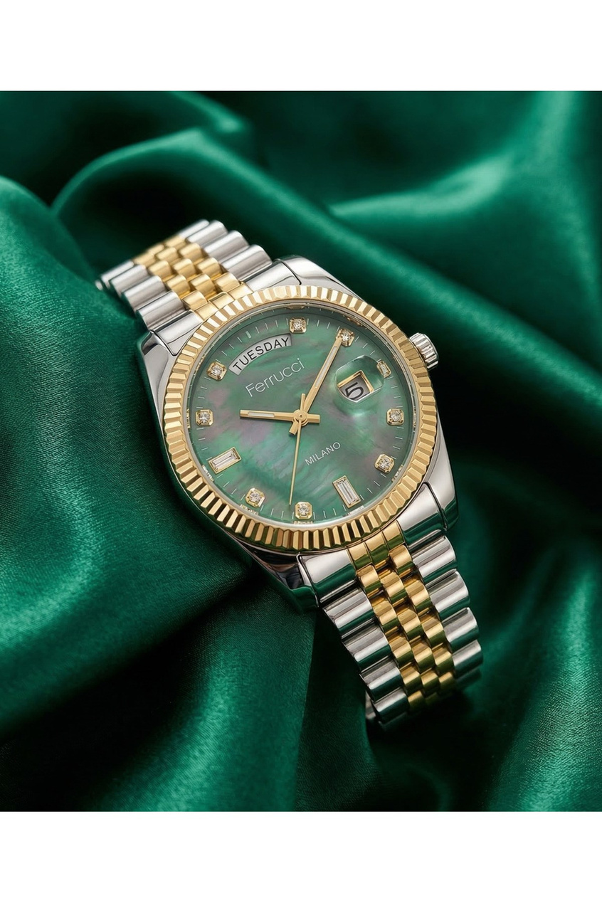 Kadın Kol Saati Efektli Yeşil Kadran Gün-Tarih Çift Renk Çelik Saat 32 mm