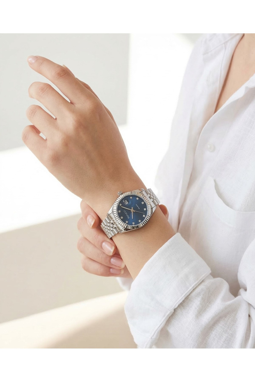 Kadın Kol Saati Mavi Kadran Taşlı Minimal Çelik Kordon Tarihli Saat 26 mm