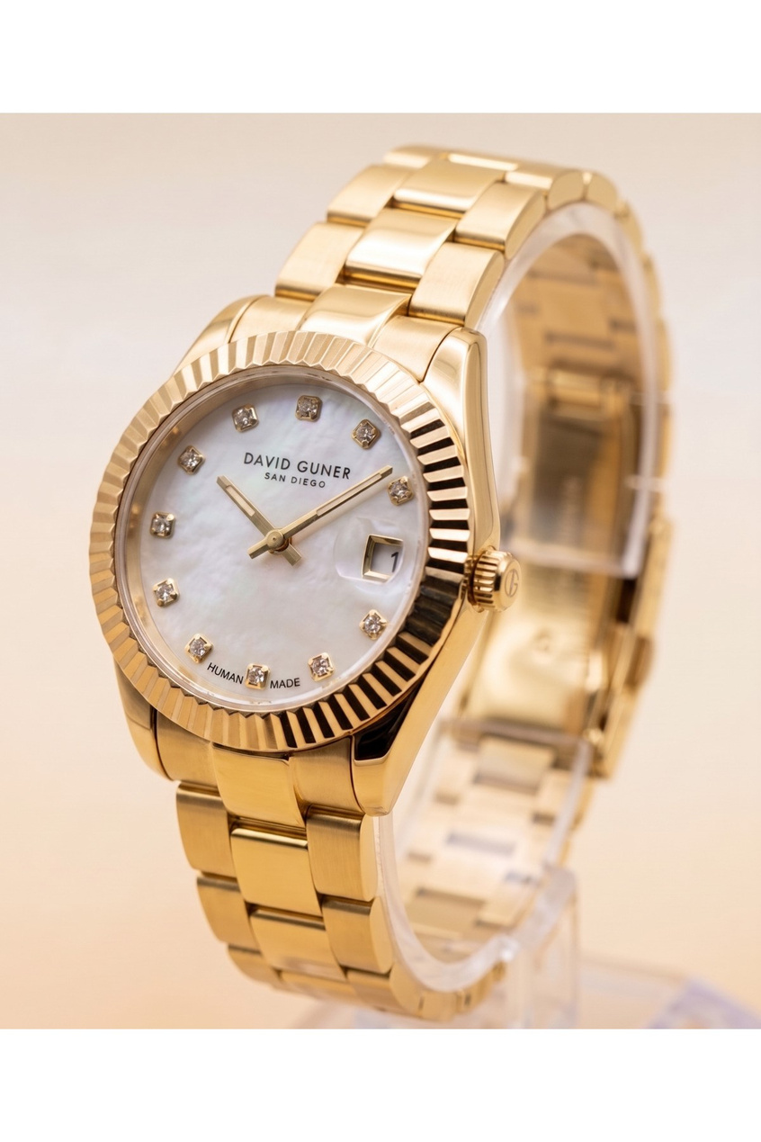 Kadın Saat 27 mm Gold Renkli Çelik Kordon Taşlı Kadran Takvimli Şık Kol Saati