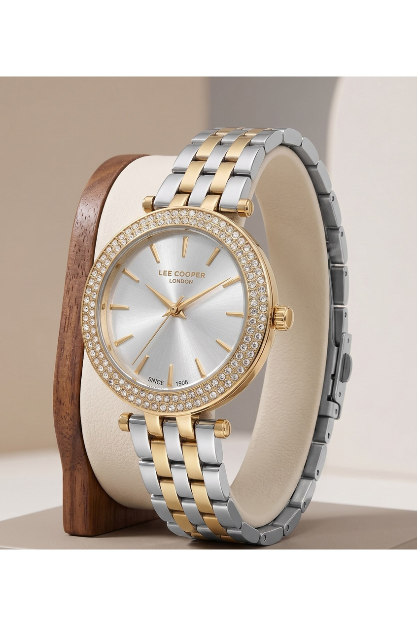 London Kadın Saat 34mm Gold Gümüş Taşlı Metal Kordon Gümüş Kadran