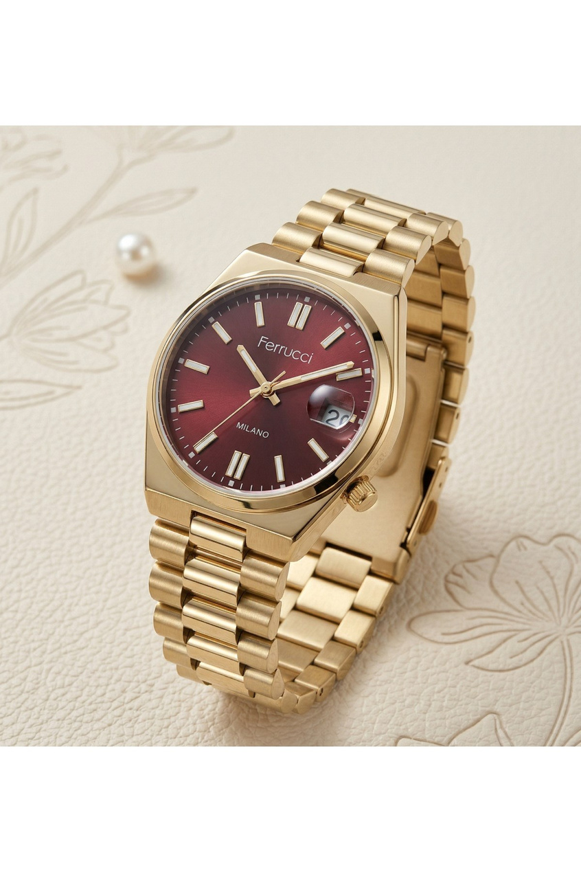 Milano 34 mm Kadın Saat Kırmızı Kadran Gold Çelik Kordon Takvimli Şık Model