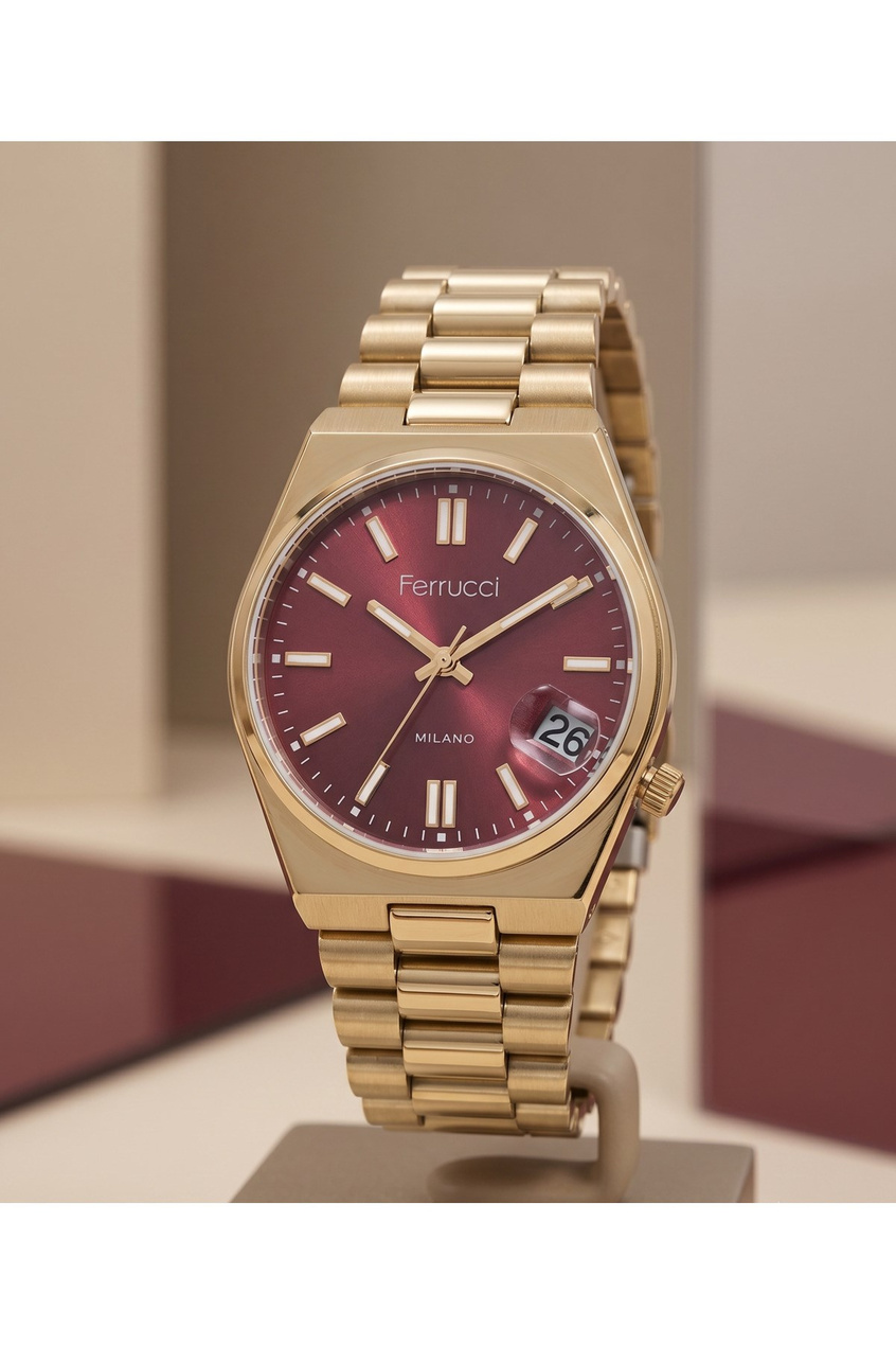 Milano 34 mm Küçük Kasa Unisex Kol Saati Gold Renkli Bordo Kadran Takvimli