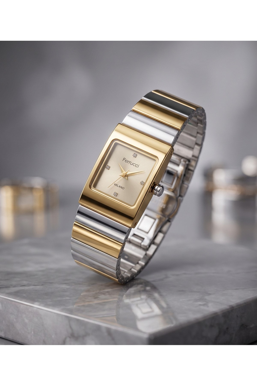 Milano Kadın Kol Saati 22mm Gold Gümüş Çift Renk Vintage Dikdörtgen Kasa Bileklik Saat Taş Detaylı Şık Kadın Saati