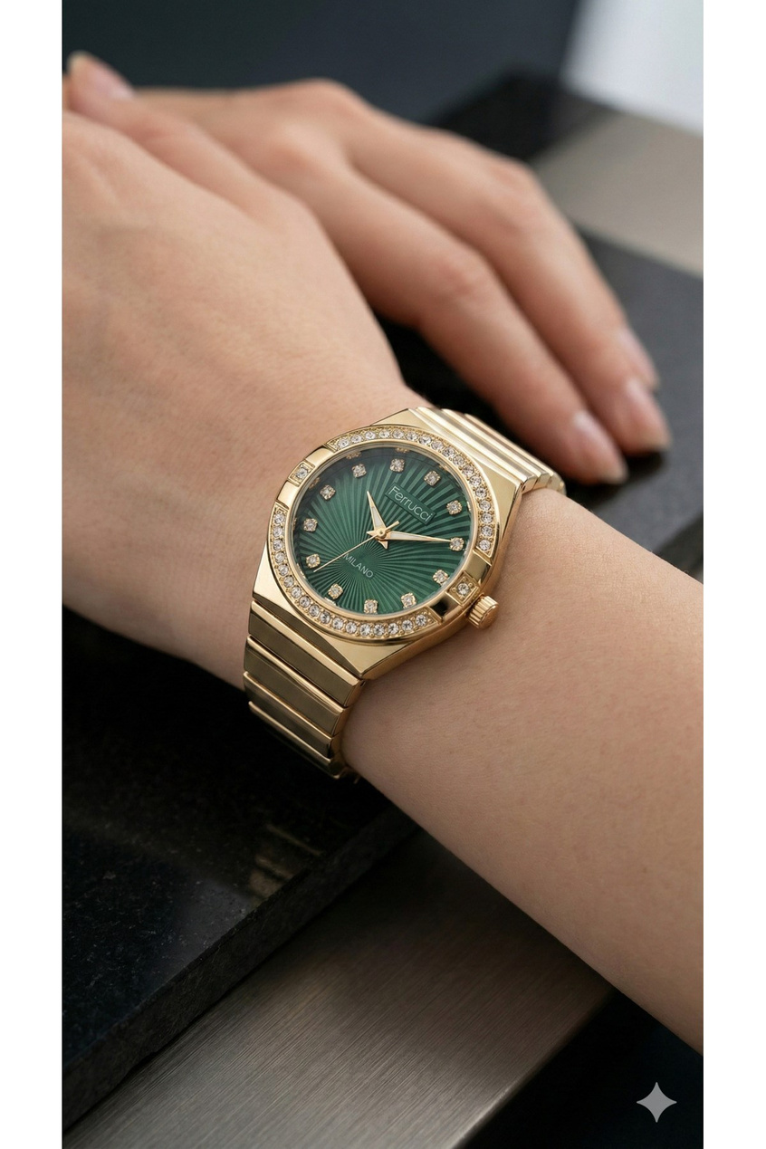 Milano Kadın Kol Saati 28 mm Çelik Gold Yeşil Kadran Taşlı