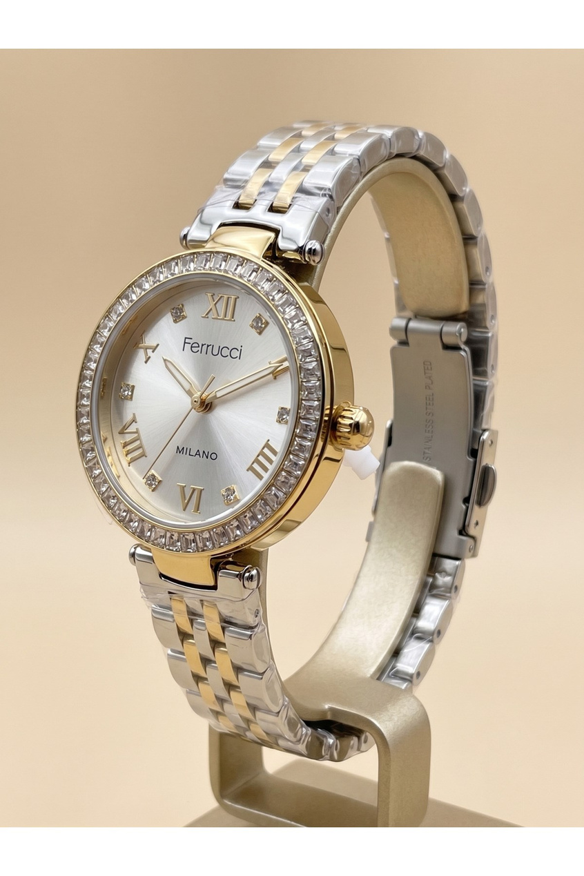 Milano Kadın Kol Saati 29 mm Küçük Kasa Taşlı Bezel Çift Renk Metal Kordon Gümüş Altın
