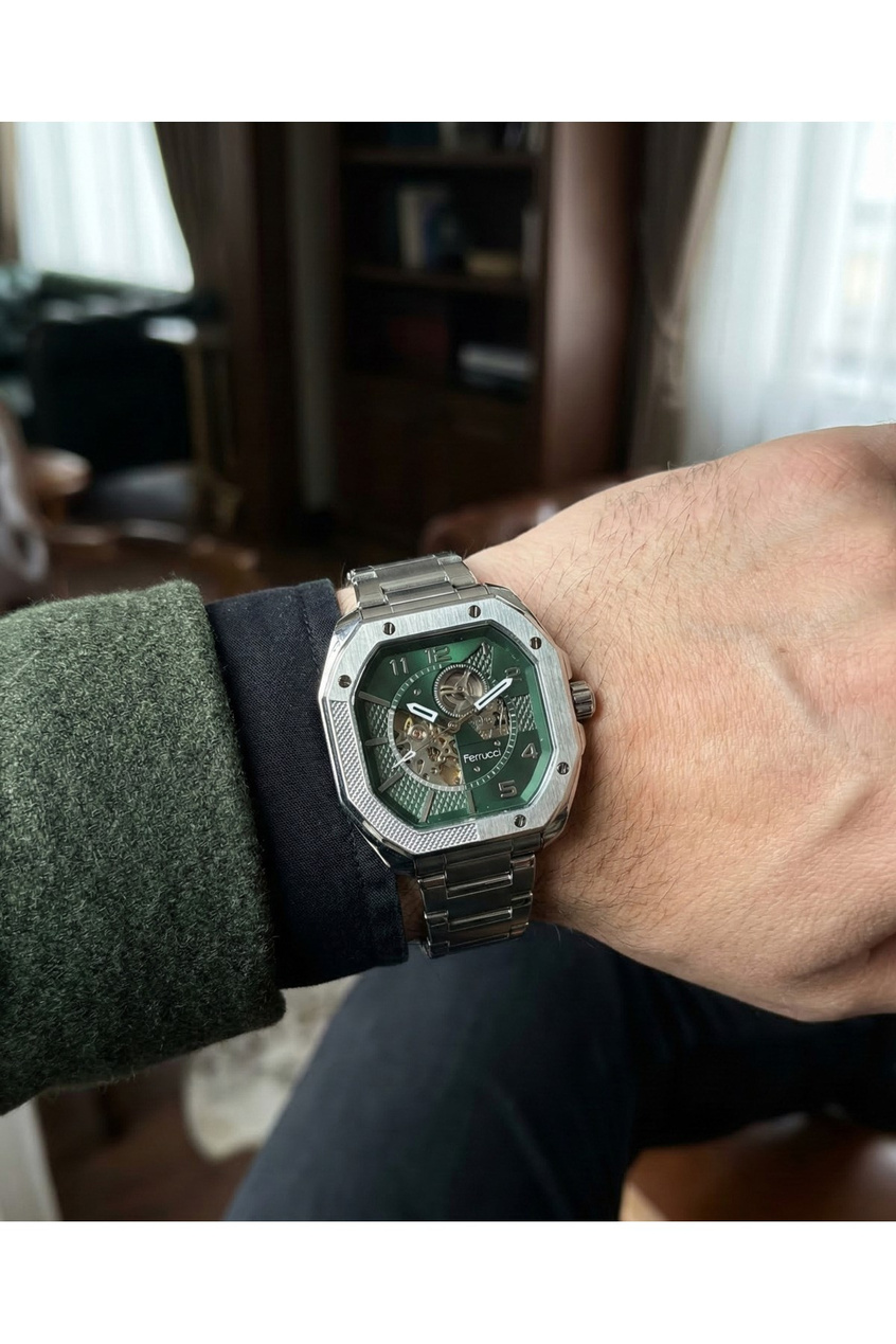 Otomatik Skeleton Erkek Kol Saati 46 mm Çelik Kasa Yeşil Kadran Mekanik Saat