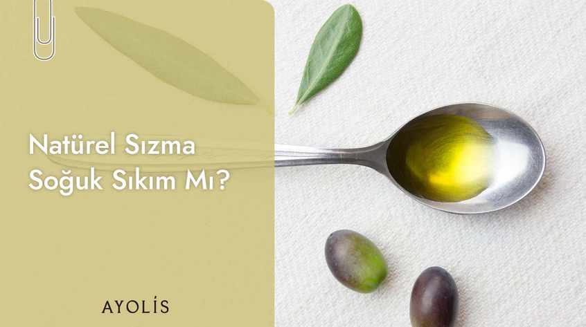 Natürel sızma ve soğuk sıkım zeytinyağı kaşıkta sunulmuş şekilde