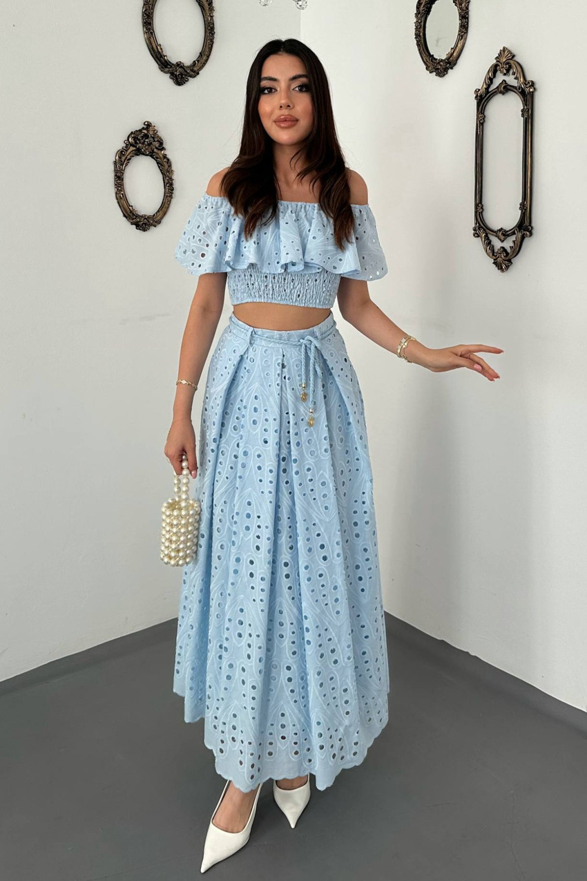 Baby Blue Covered Yarn Blouse And Skirt Set
