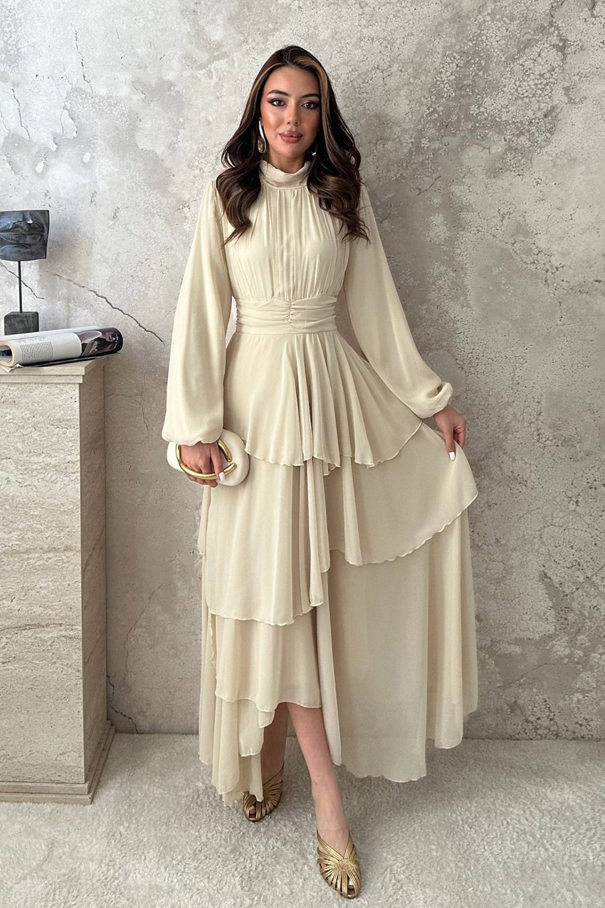 Beige Layered Dress with Waist Detail