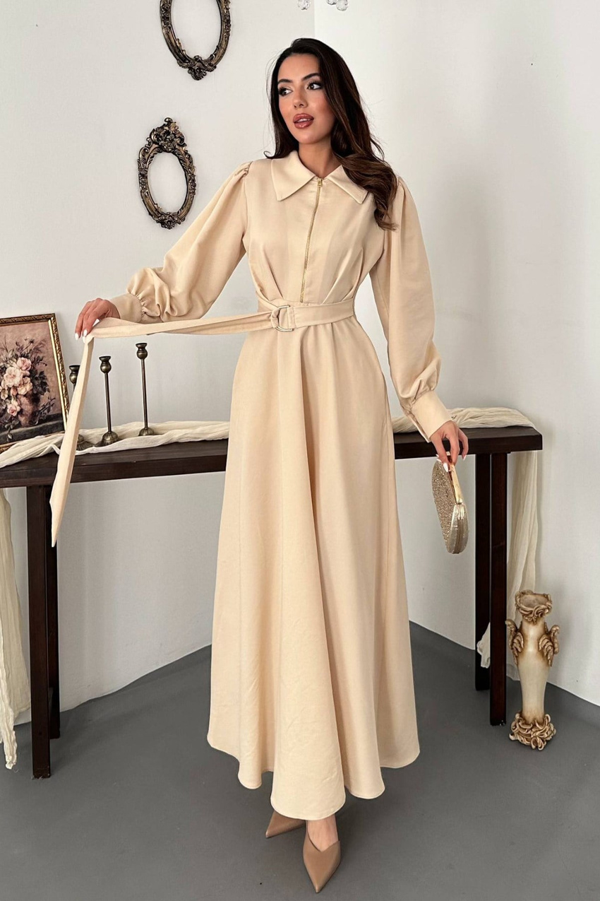 Beige Pleated Dress With Front Zip