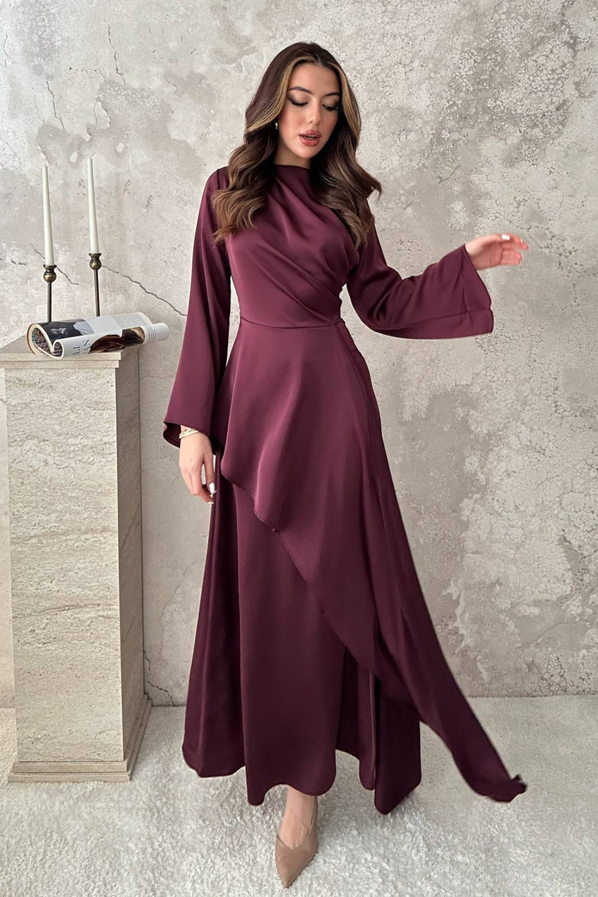 Bordo Yandan Bağlamalı Saten Elbise