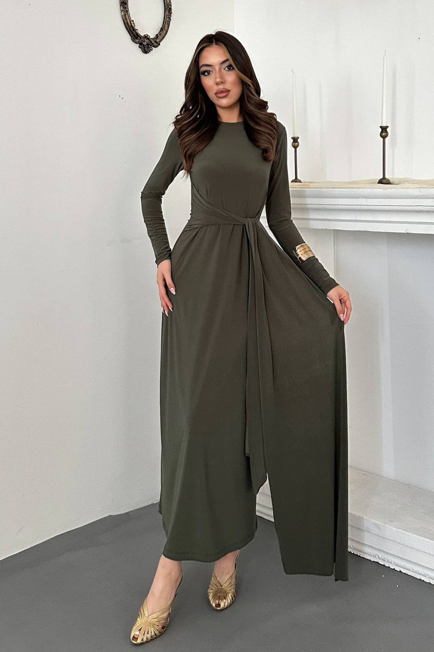 Haki Yandan Kuşaklı Bağlamalı Elbise
