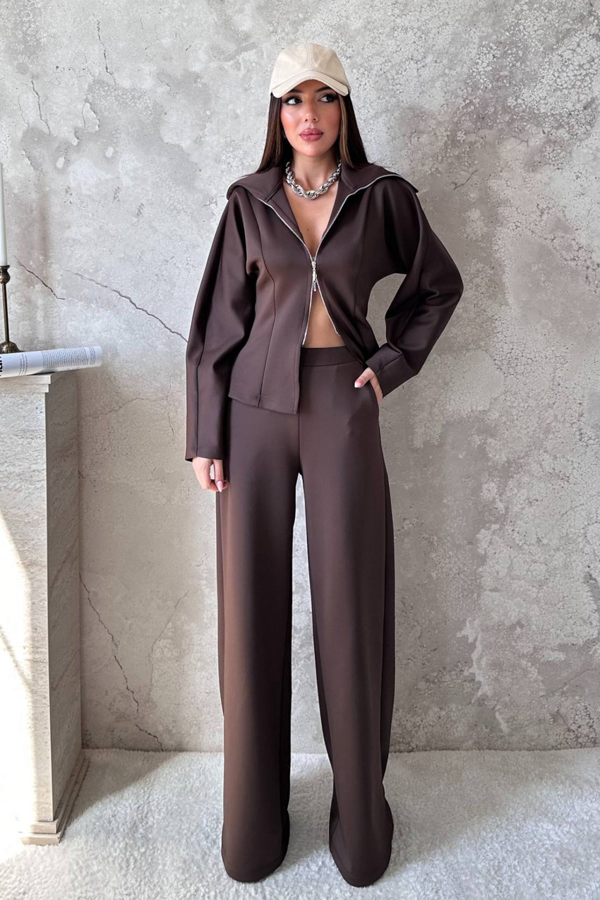 Brown Zip-Up Two-Piece Set
