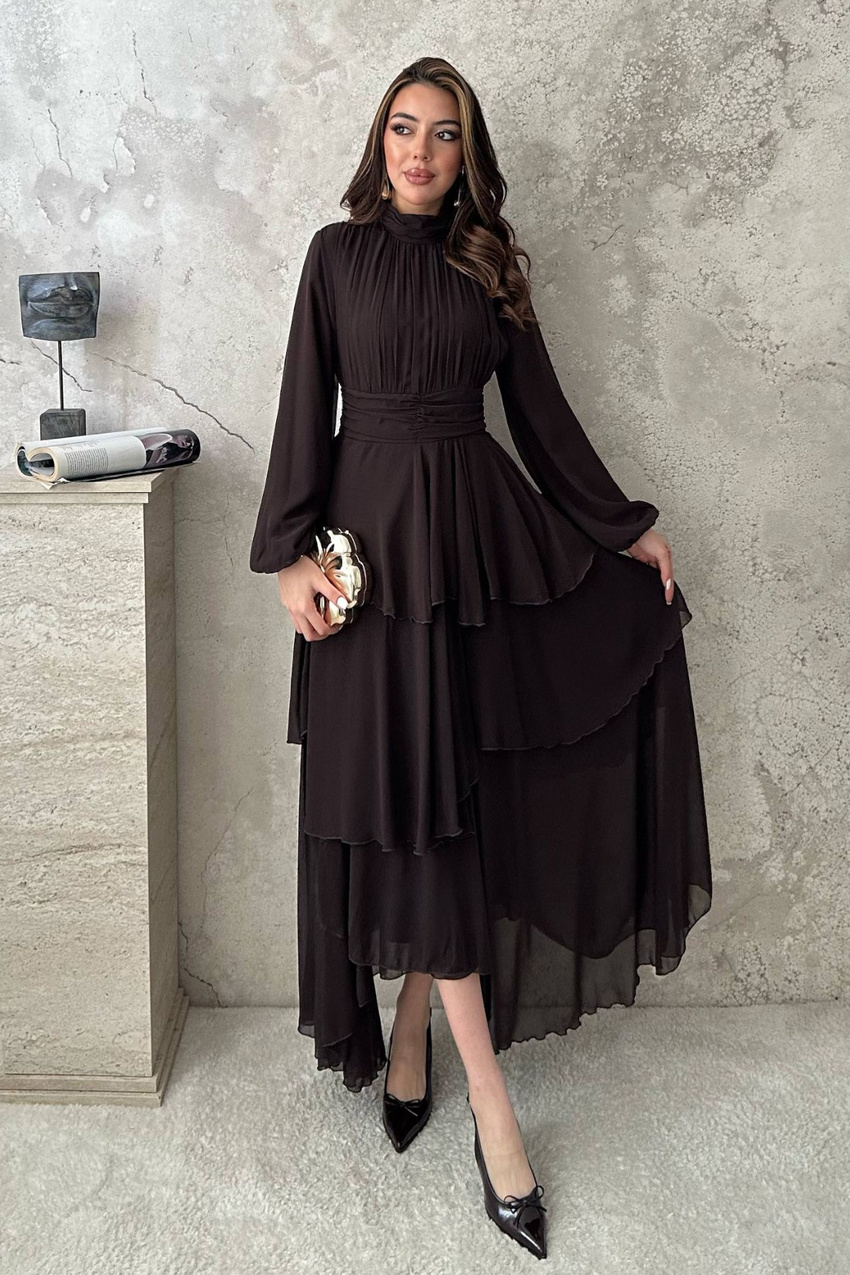 Brown Layered Dress with Waist Detail