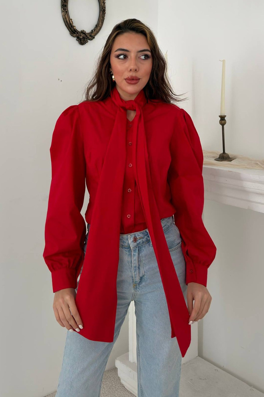 Red Shirt with Self-Trimmed Scarf
