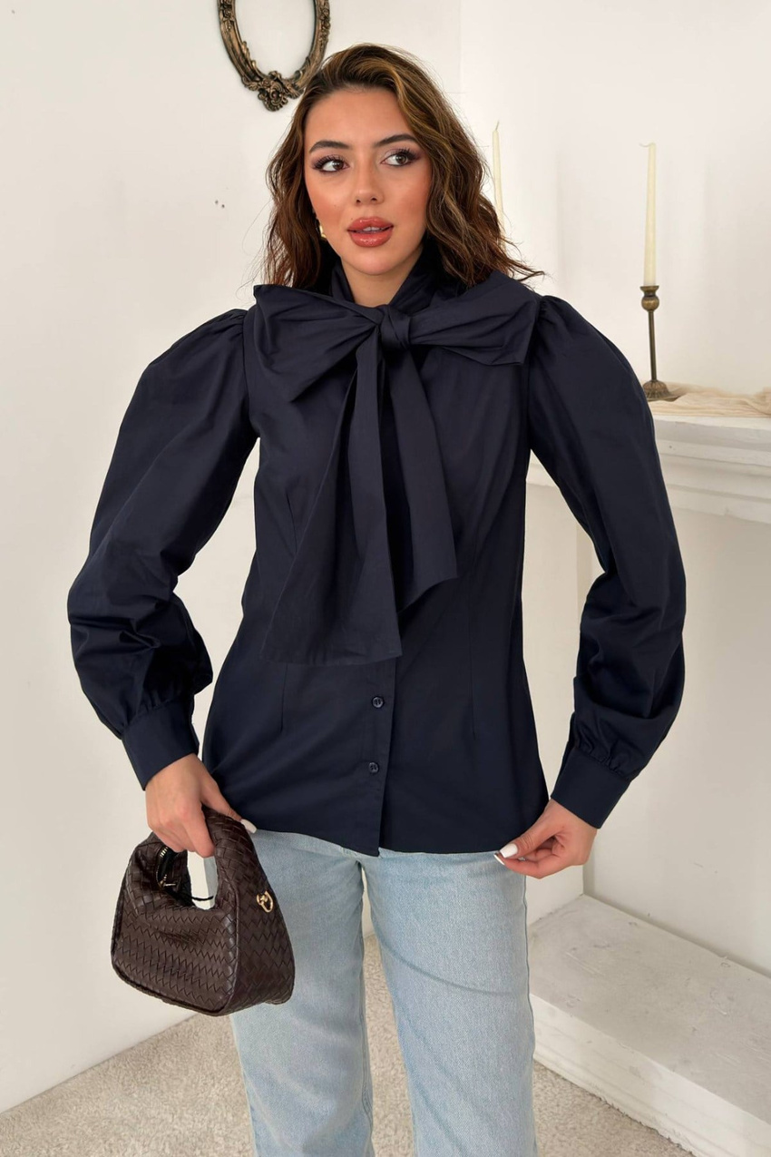 Navy Blue Shirt with Integrated Scarf