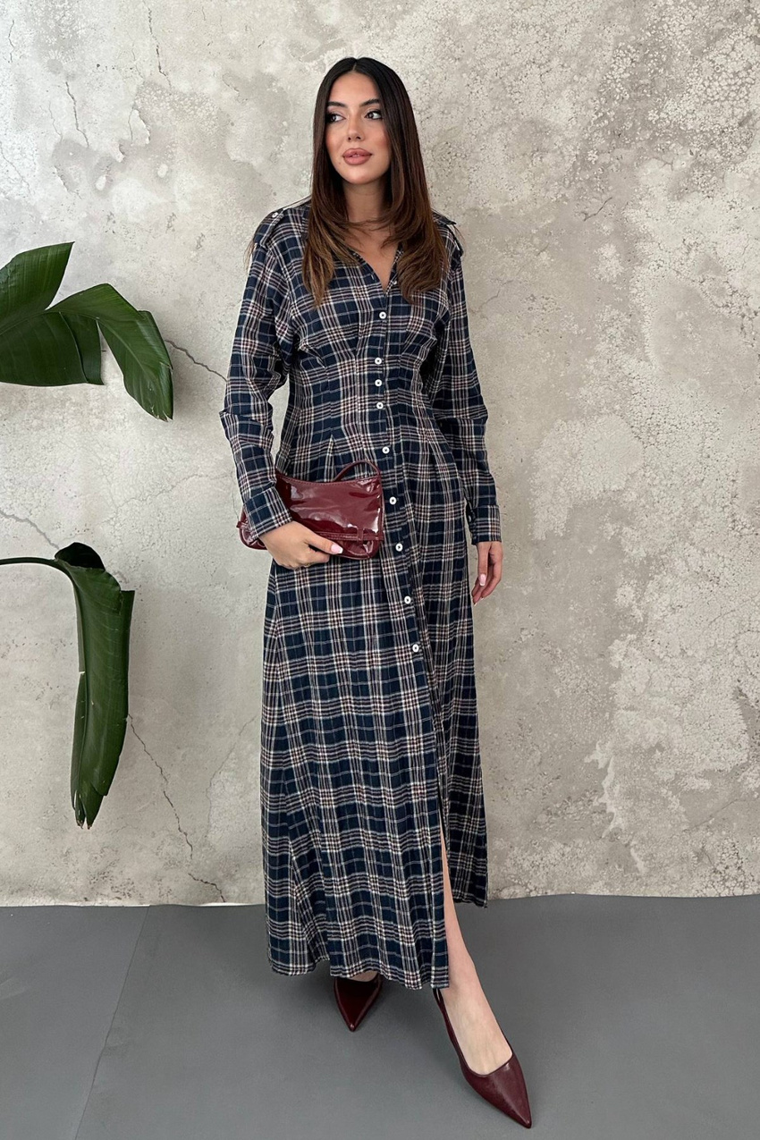 Navy Blue Pleated Plaid Dress