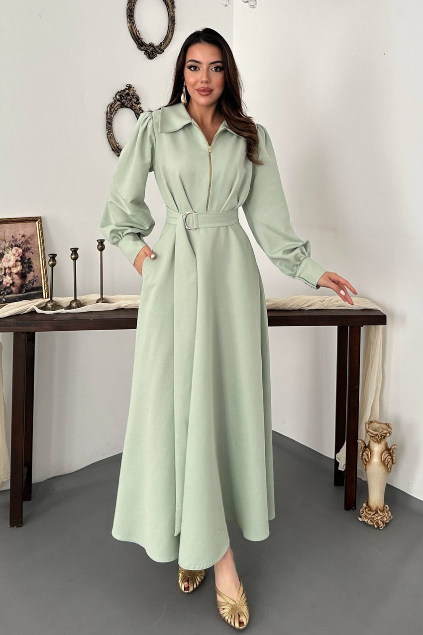 Mint Pleated Front Zip Dress