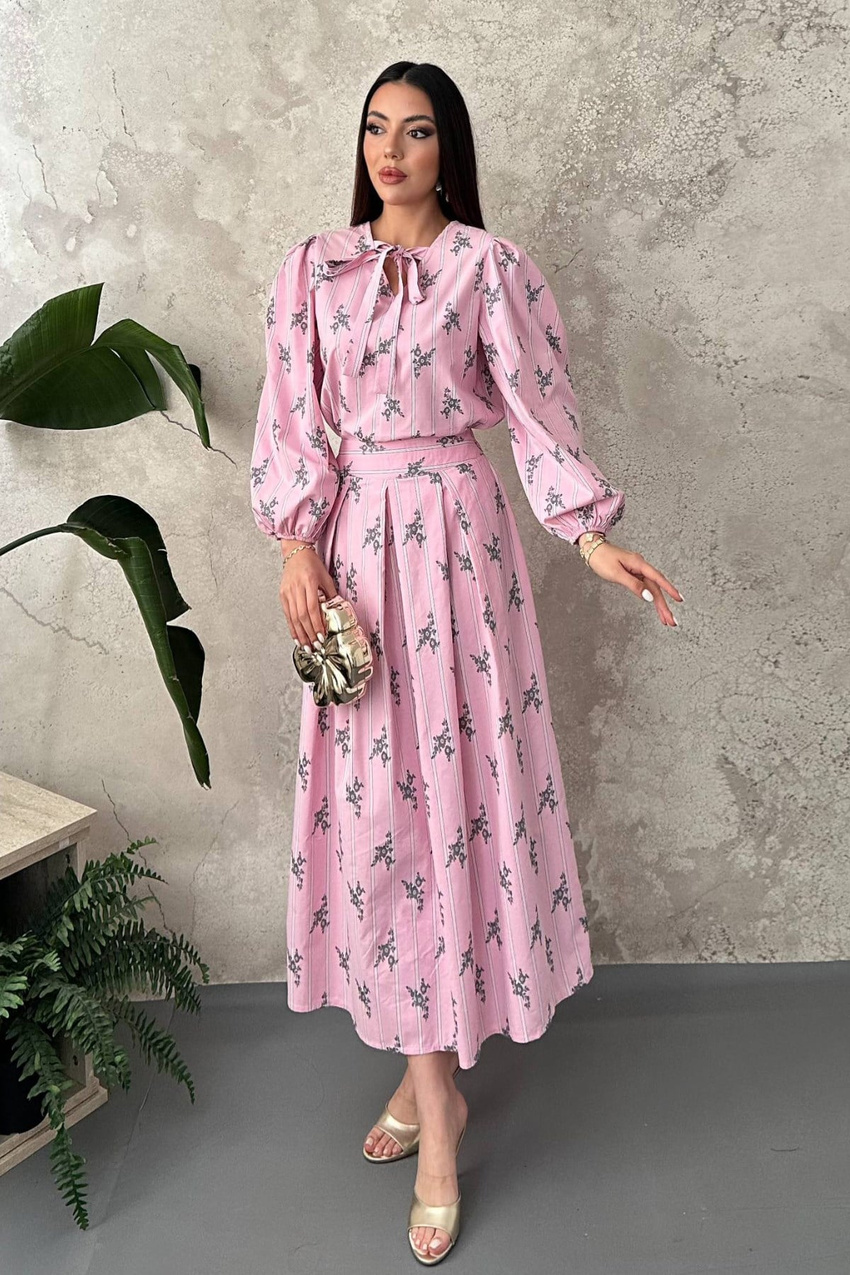 Pembe Çizgili Çiçekli Bluz Etek Takım