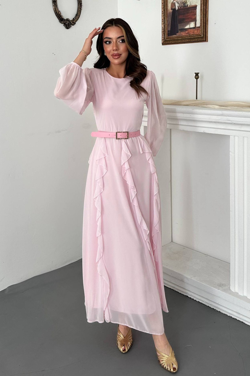 Pembe Kemerli Şifon Elbise