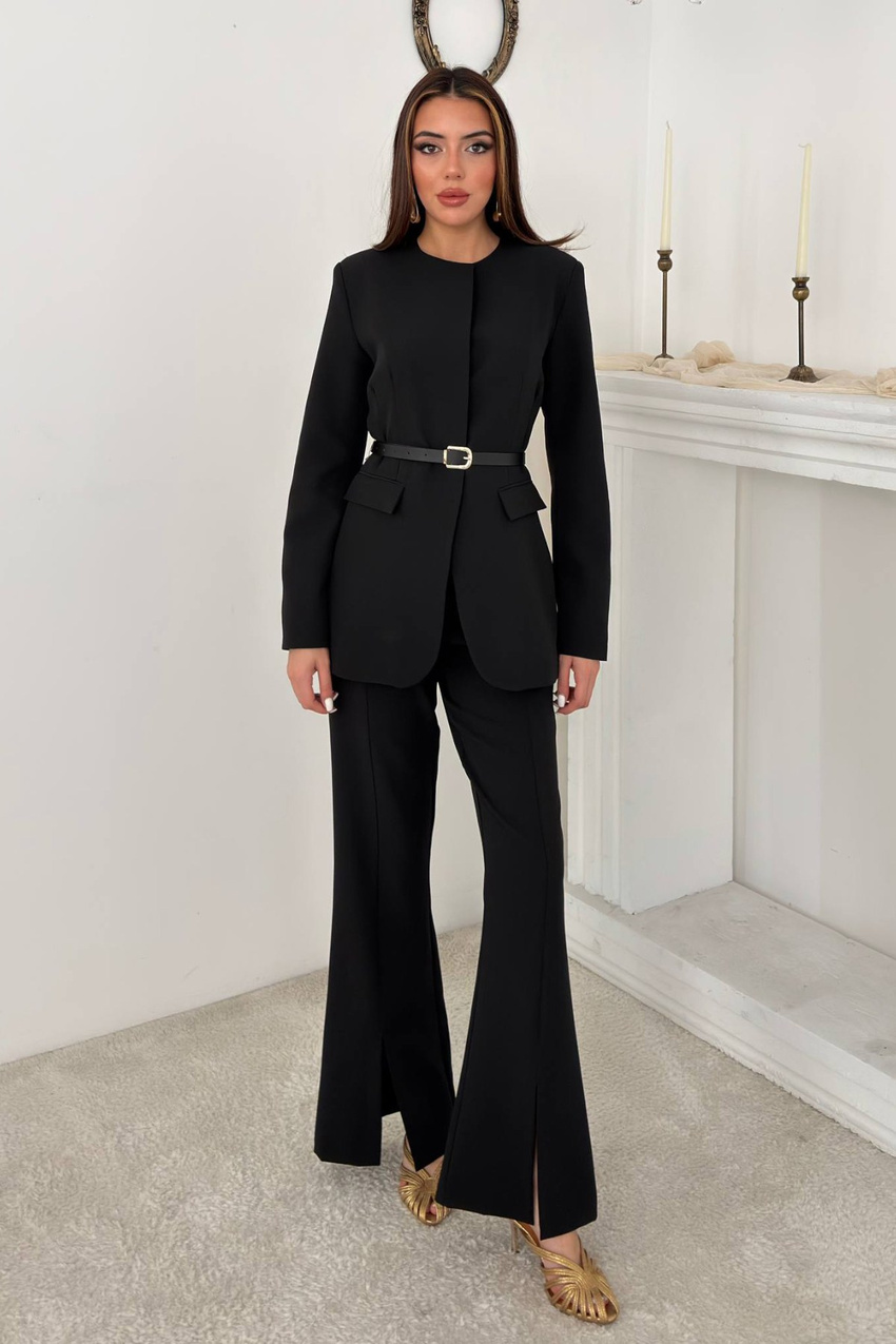 Black Belted Jacket and Trousers Suit