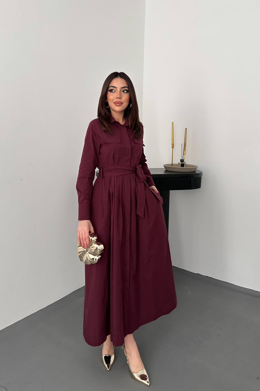 Toptan BORDO Düğmeli Poplin Elbise