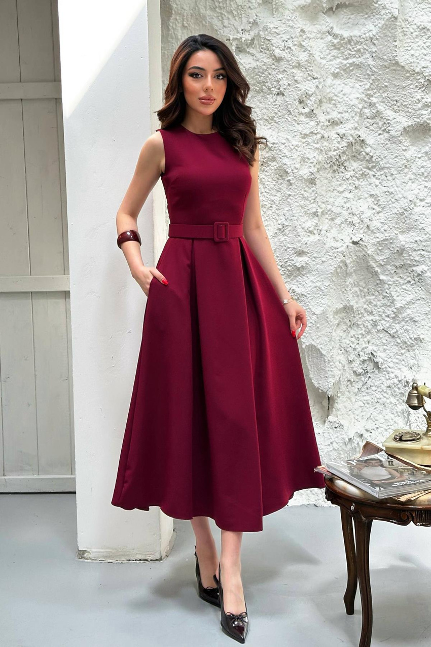 Toptan Bordo Halter Yaka Kloş Elbise