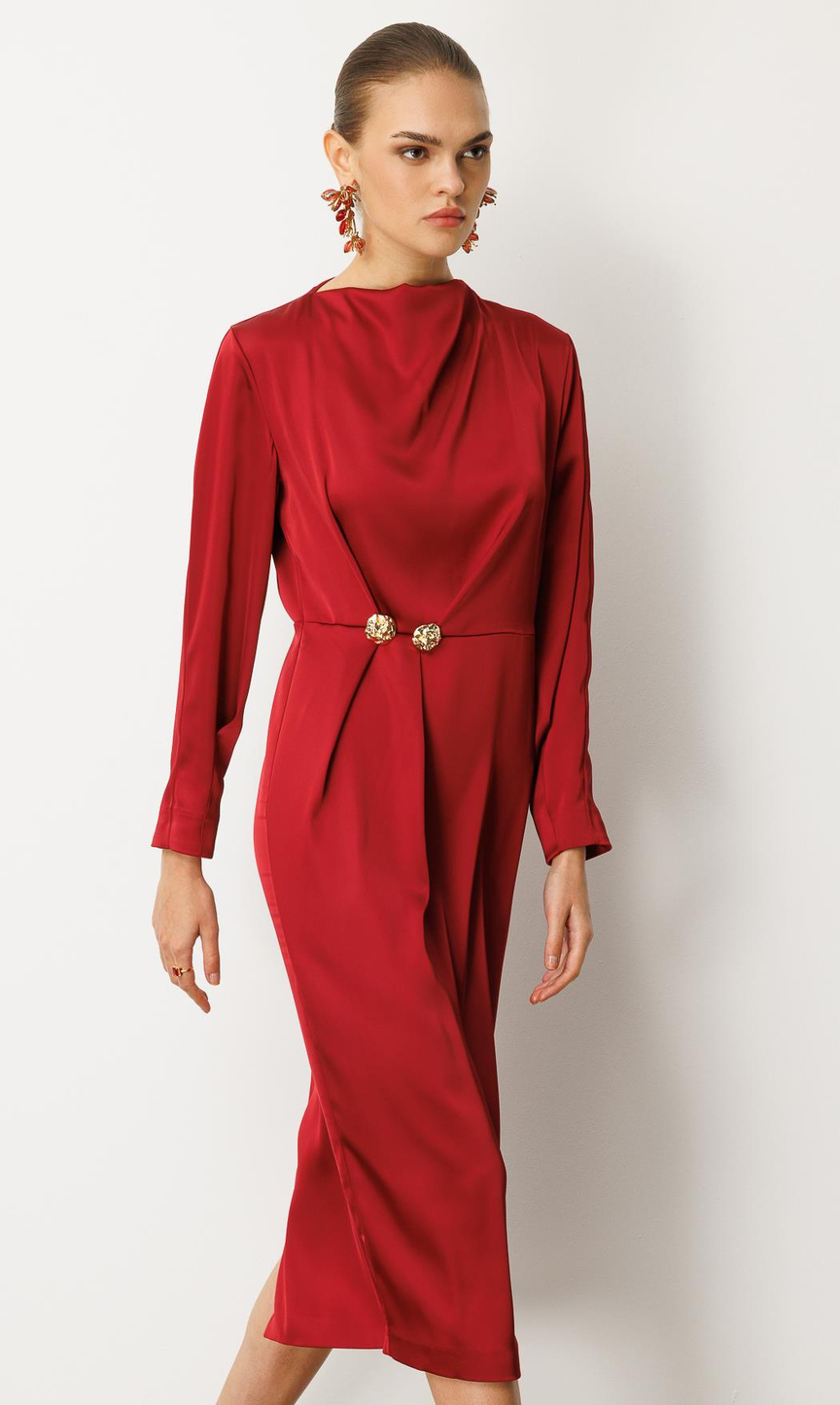  Drapeli Yüksek Yaka  Midi Elbise BORDO