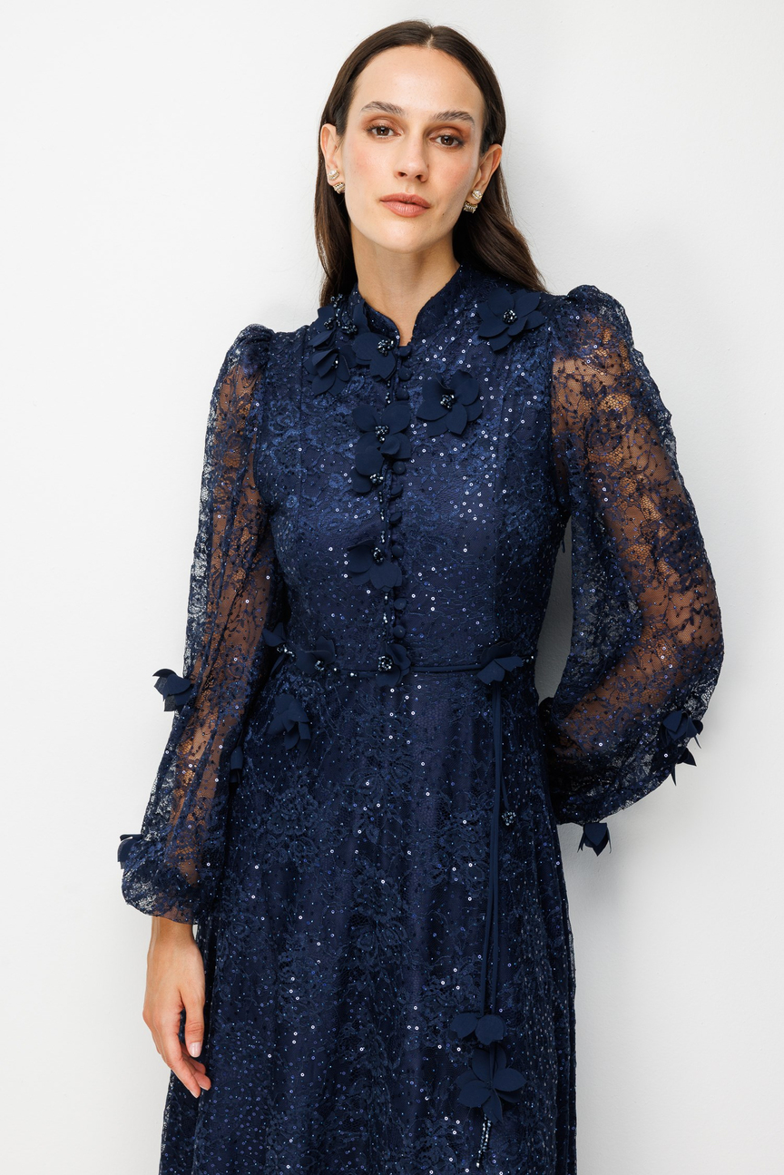 Floral Embroidered Lace Dress NAVY BLUE