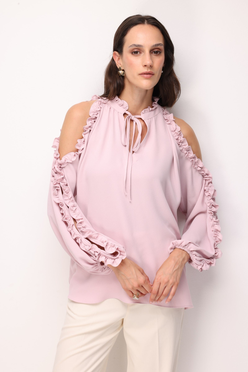 Halter Yaka Fırfır Detaylı Bluz PUDRA