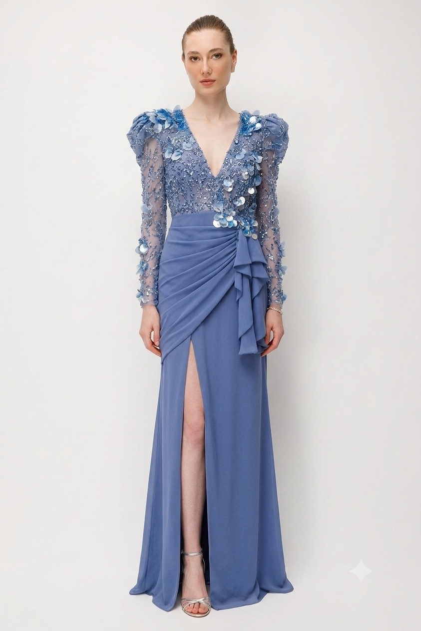 Embroidered Tulle V-Neck Slit Evening Gown INDIGO
