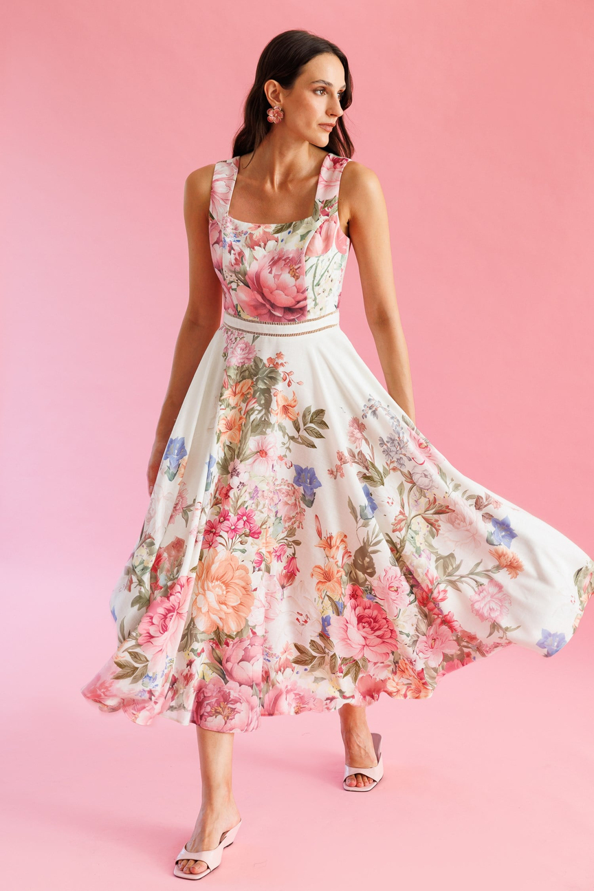 Floral Desenli Kare Yaka Midi Elbise EKRU