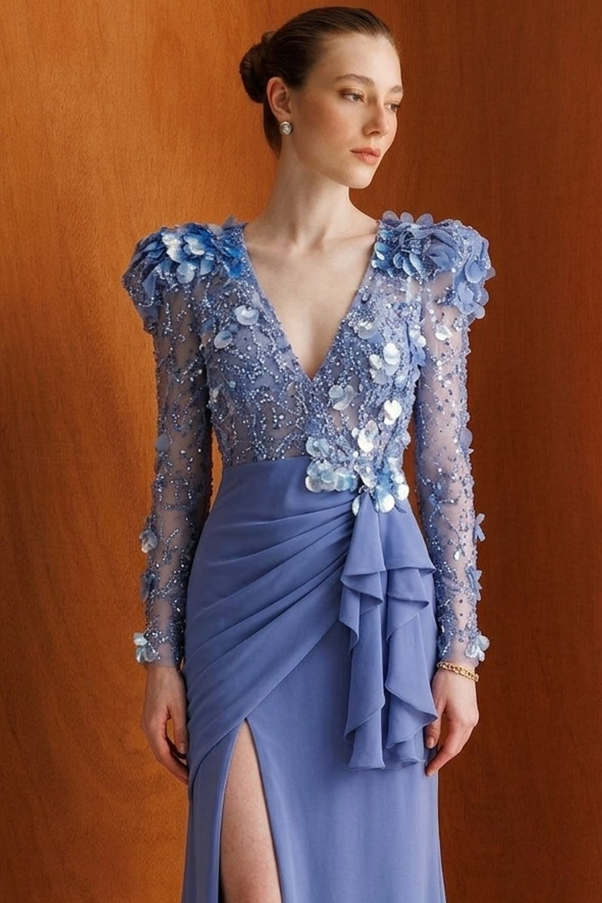 Embroidered Tulle V-Neck Slit Evening Gown INDIGO