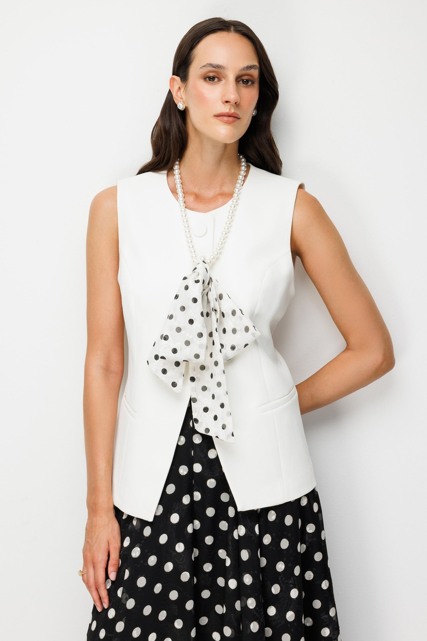 Pearl Necklace Detailed Vest  Ecru