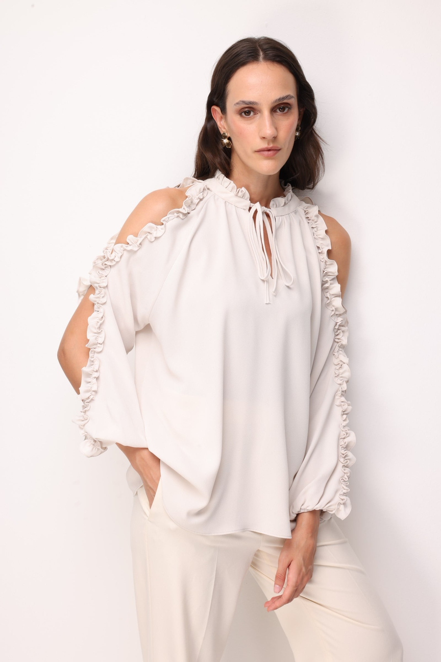 Halter Yaka Fırfır Detaylı Bluz BEJ