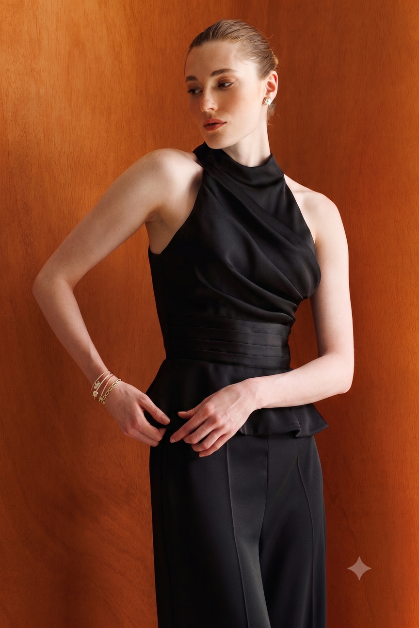 Halter Yaka Drapeli Peplum Bluz Pantolon İkili Takım  SİYAH