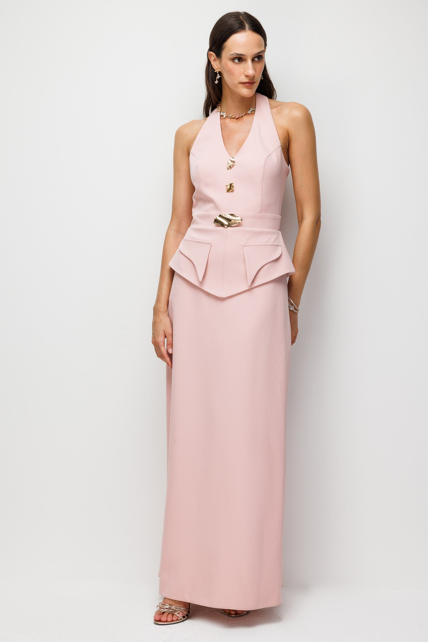 Halter Yaka Peplum Detaylı Maksi Elbise PUDRA