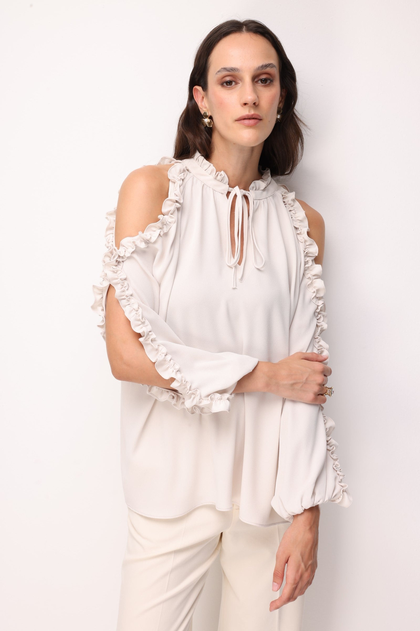 Halter Yaka Fırfır Detaylı Bluz BEJ