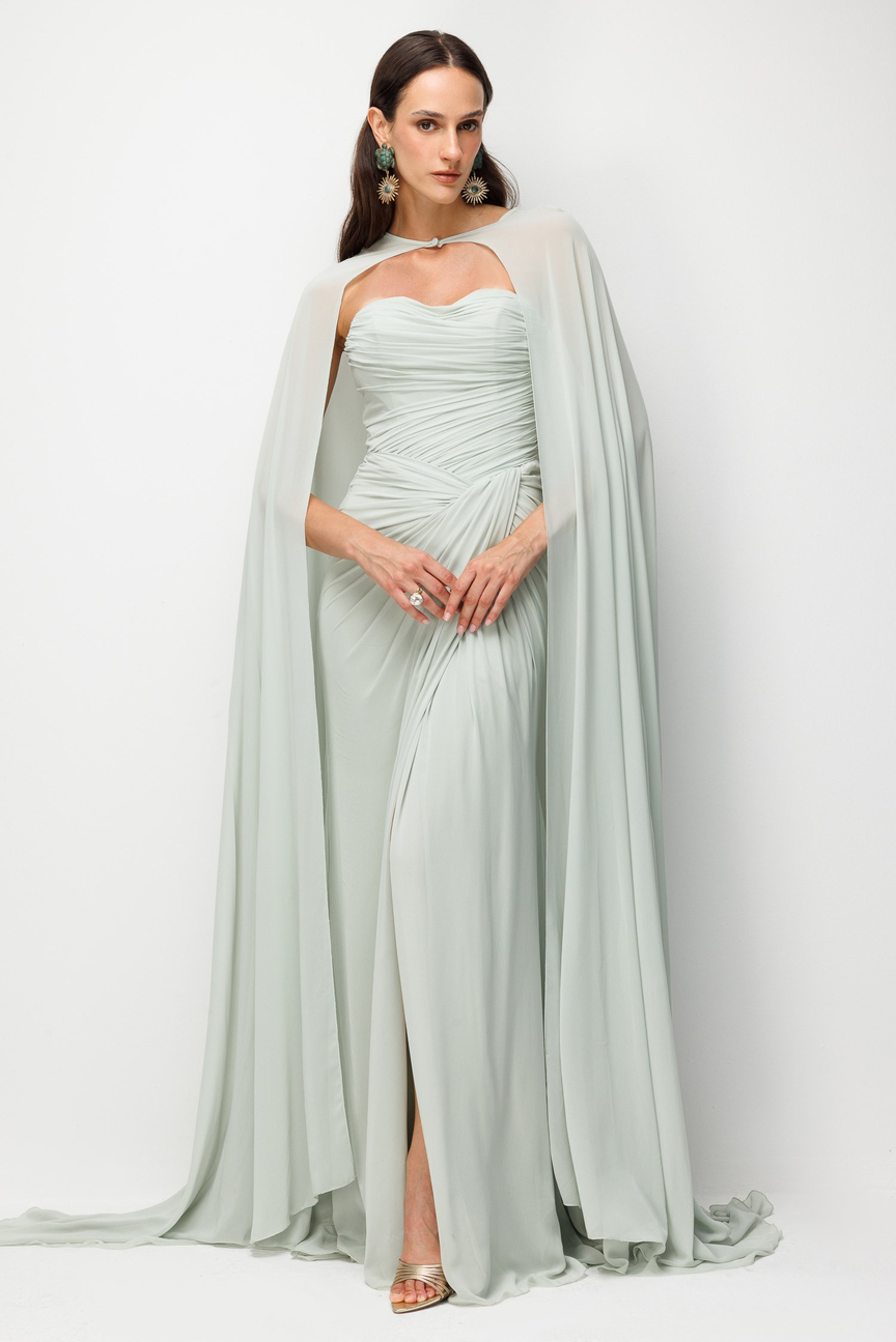 Pelerinli Drape Detaylı Şifon Abiye Elbise SU YEŞİLİ