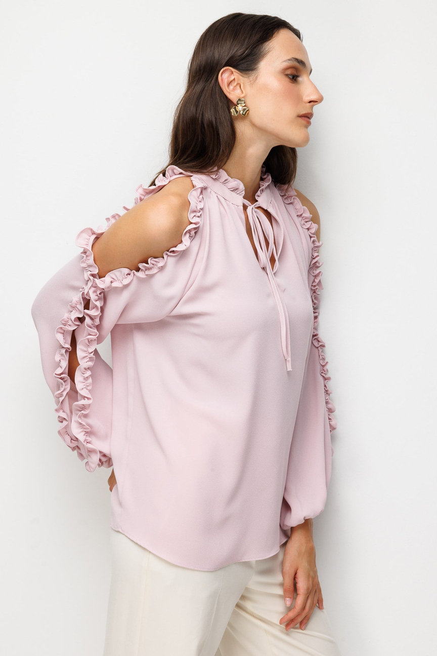 Halter Yaka Fırfır Detaylı Bluz PUDRA