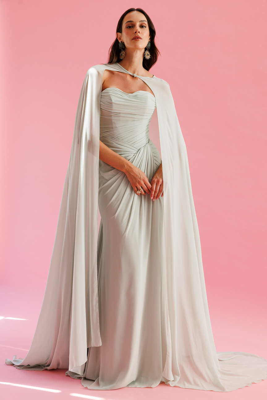 Pelerinli Drape Detaylı Şifon Abiye Elbise SU YEŞİLİ