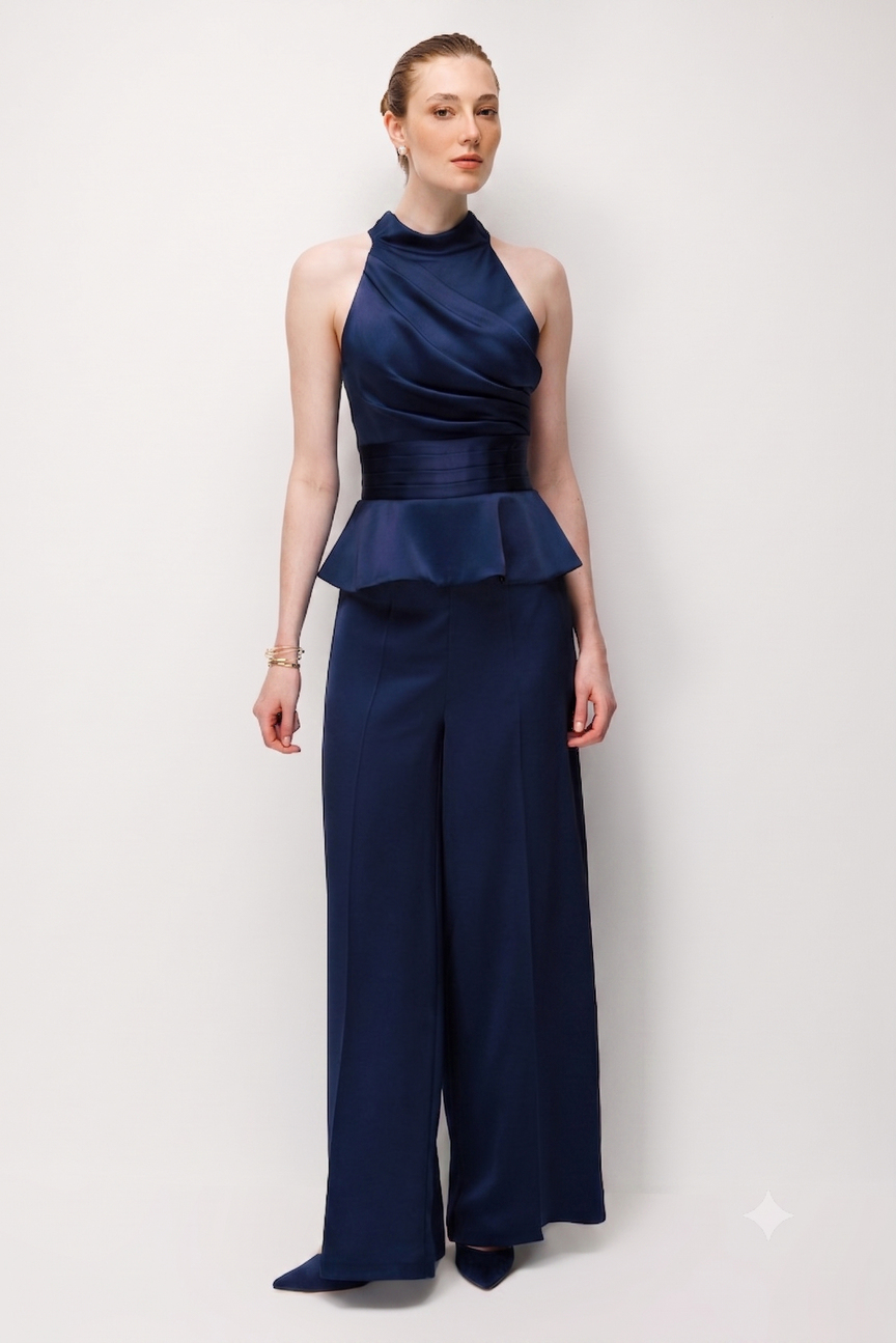 Halter Yaka Drapeli Peplum Bluz Pantolon İkili Takım  LACİVERT