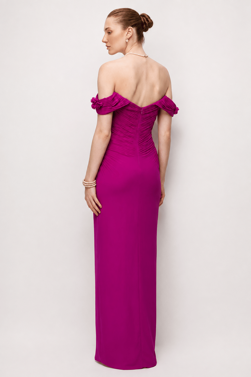 Evening Dress with Shoulder and Neck Floral Accent Details Fuchsia