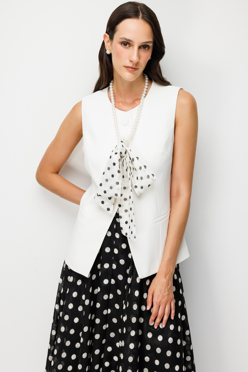 Pearl Necklace Detailed Vest  Ecru