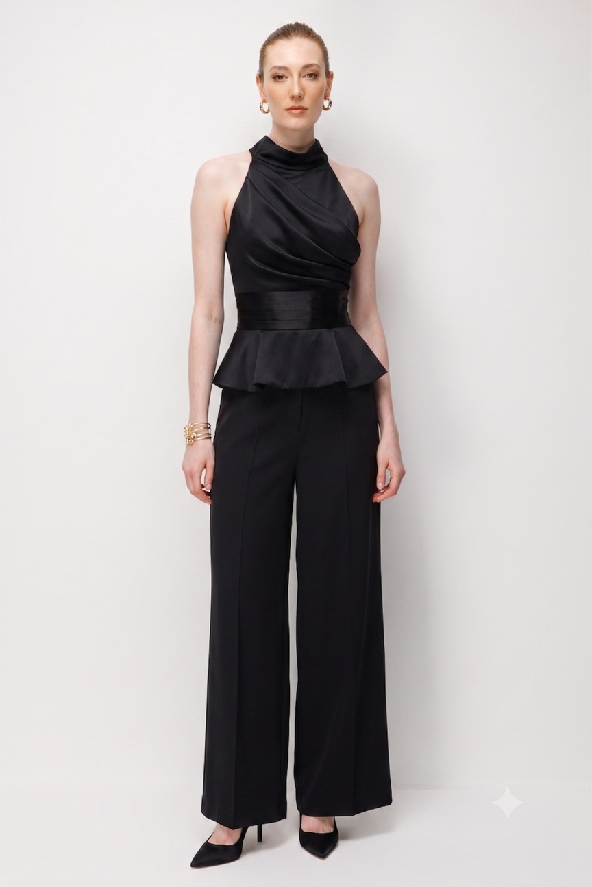 Halter Yaka Drapeli Peplum Bluz Pantolon İkili Takım  SİYAH
