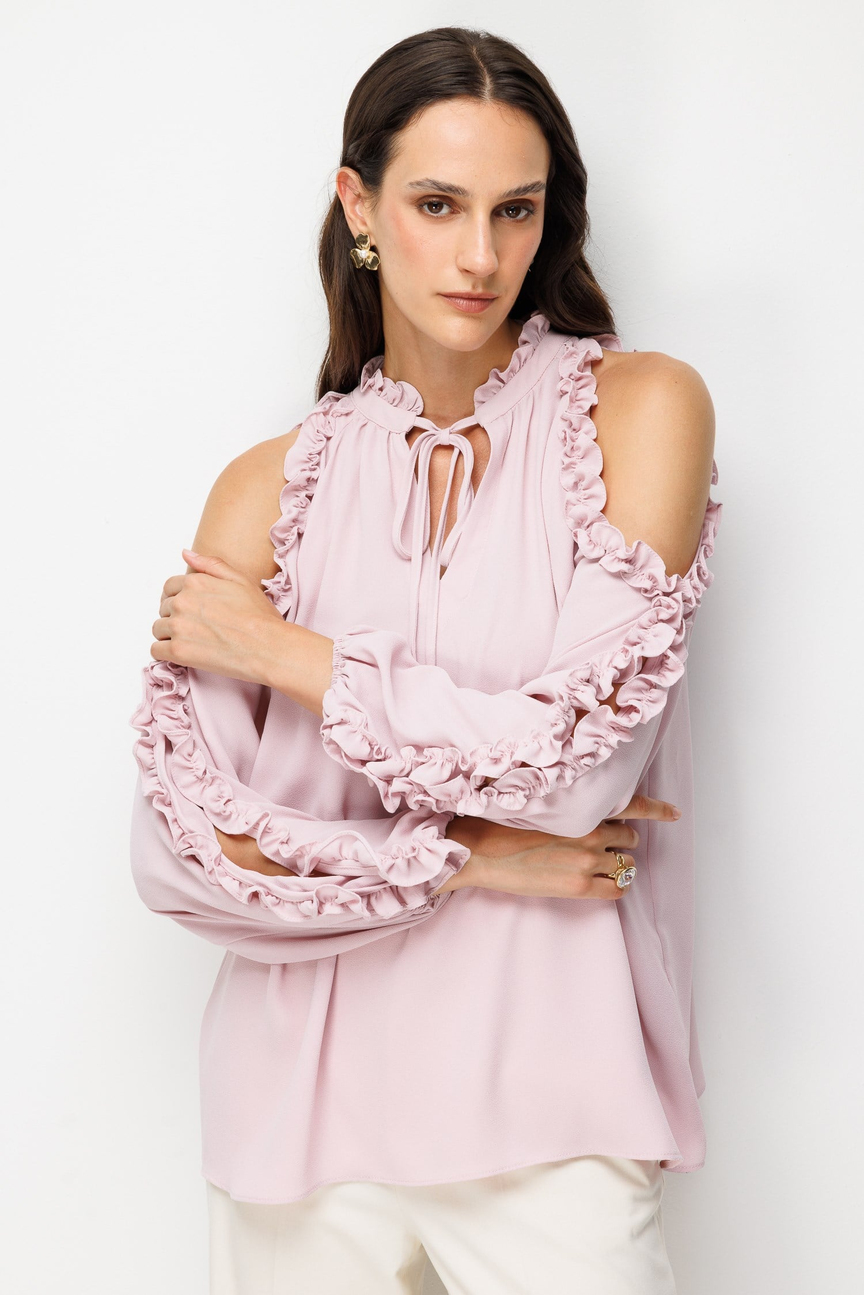 Halter Yaka Fırfır Detaylı Bluz PUDRA