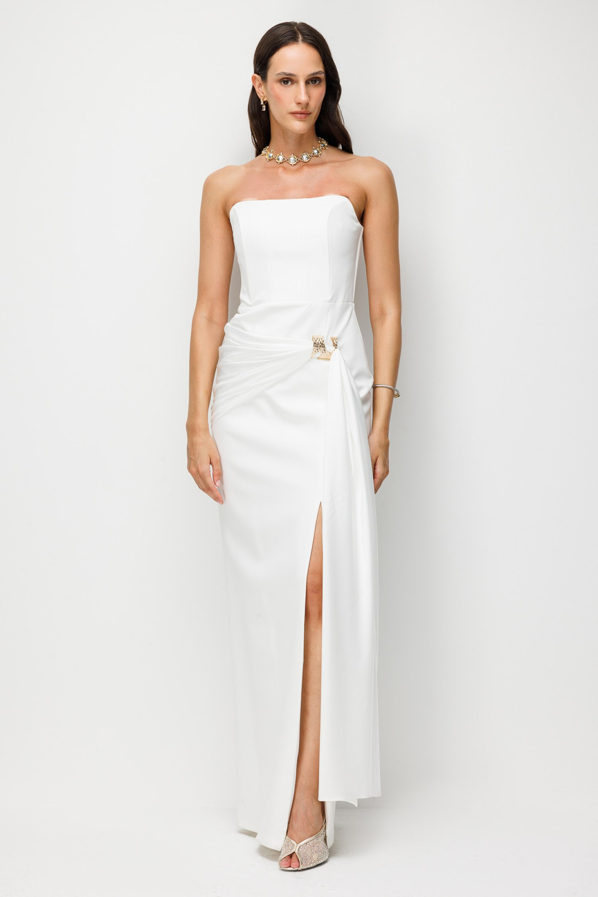 Strapless Draped Evening Dress with Gold Buckle ECRU