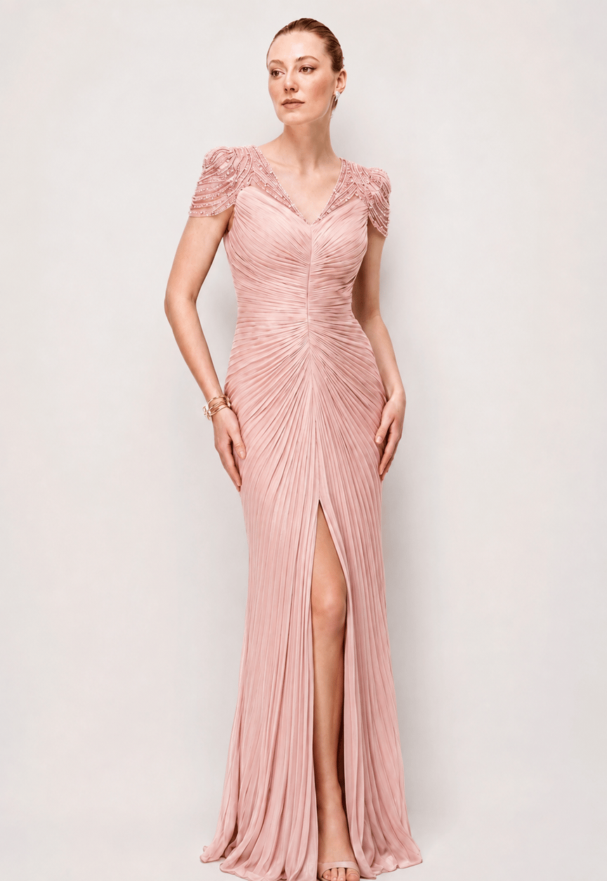 Beaded Shoulder Detail Draped Maxi Evening Dress POWDER