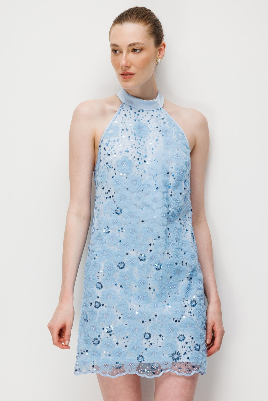 Floral Embroidered Halter Neck Mini Evening Dress Blue